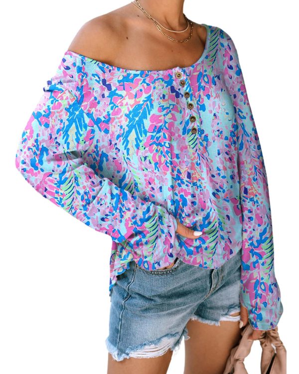 Azura Exchange Printed Wide Neck Thumbhole Sleeve Henley Top – L