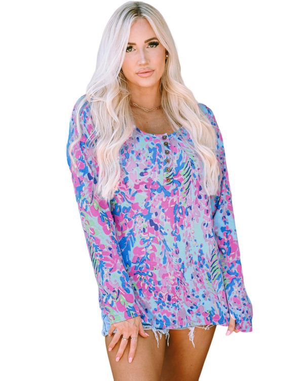 Azura Exchange Printed Wide Neck Thumbhole Sleeve Henley Top – L