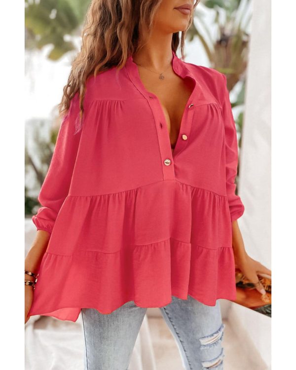 Azura Exchange Half Buttoned Ruffle Tiered Long Sleeve Blouse – L