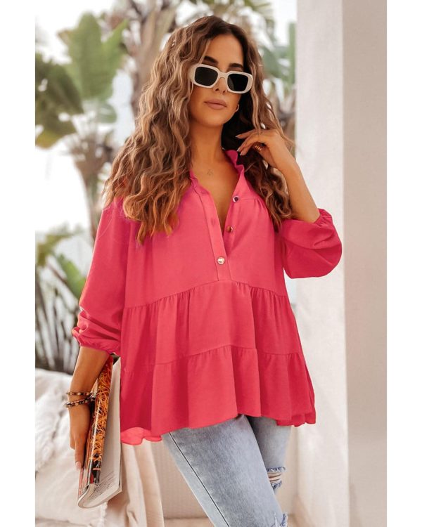 Azura Exchange Half Buttoned Ruffle Tiered Long Sleeve Blouse – L