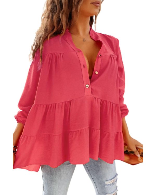 Azura Exchange Half Buttoned Ruffle Tiered Long Sleeve Blouse – L