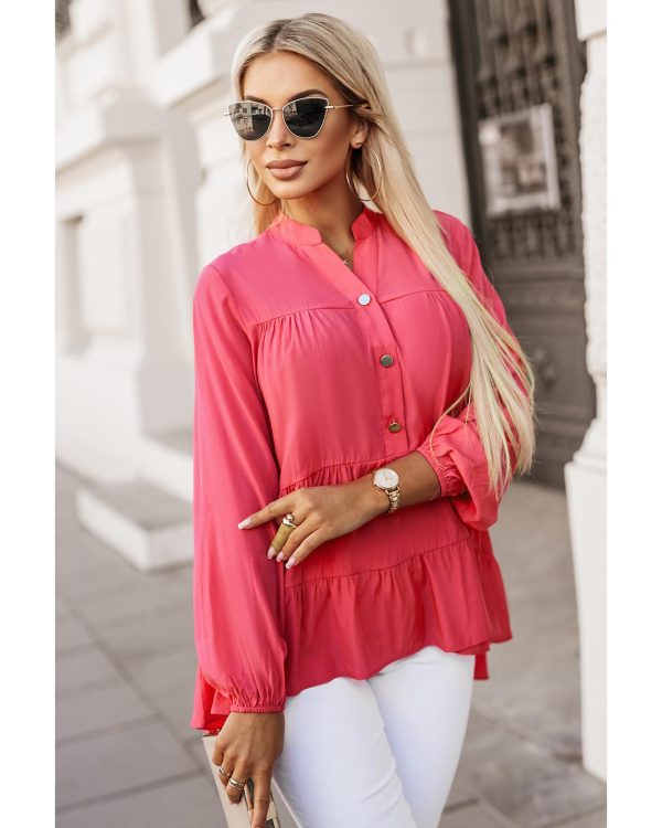 Azura Exchange Half Buttoned Ruffle Tiered Long Sleeve Blouse – L