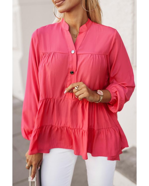 Azura Exchange Half Buttoned Ruffle Tiered Long Sleeve Blouse – L