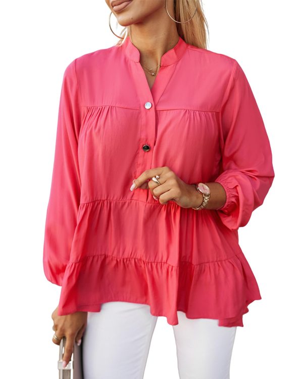 Azura Exchange Half Buttoned Ruffle Tiered Long Sleeve Blouse – L