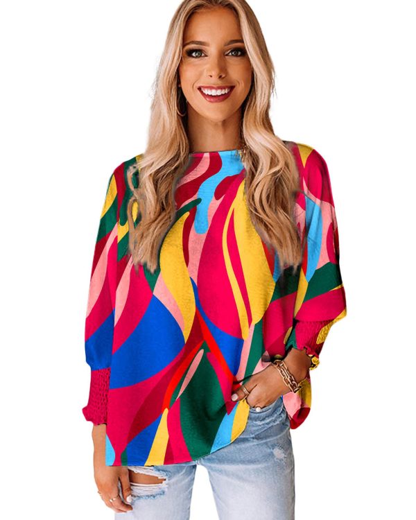 Azura Exchange Abstract Print Smocked Puff Sleeve Blouse – M