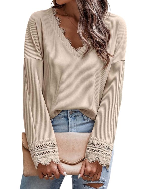 Azura Exchange Lace Trim V Neck Long Sleeve Top – L