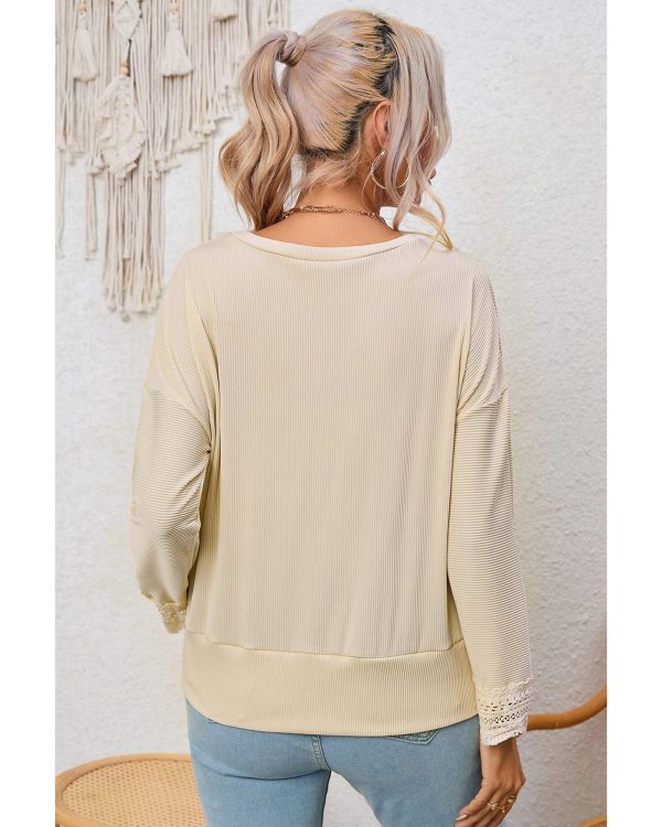 Azura Exchange Lace Trim V Neck Long Sleeve Top – L