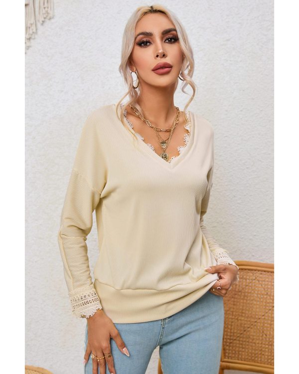 Azura Exchange Lace Trim V Neck Long Sleeve Top – L