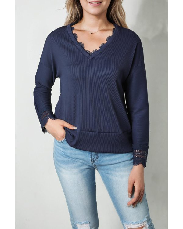 Azura Exchange Ribbed Texture V Neck Long Sleeve Top – L