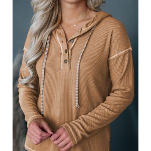 Azura Exchange Khaki Waffle Knit Henley Hooded Top