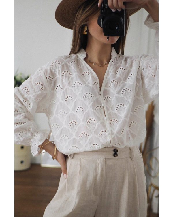 Azura Exchange Exaggerated Silhouette White Lace Blouse with Hollow Outs – L