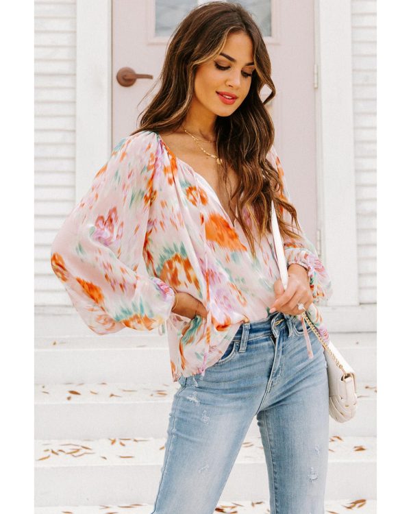 Azura Exchange Abstract Print Split Neck Puff Sleeve Blouse – L