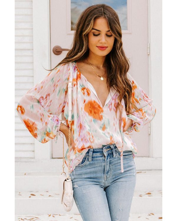 Azura Exchange Abstract Print Split Neck Puff Sleeve Blouse – L