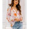 Azura Exchange Abstract Print Split Neck Puff Sleeve Blouse – L