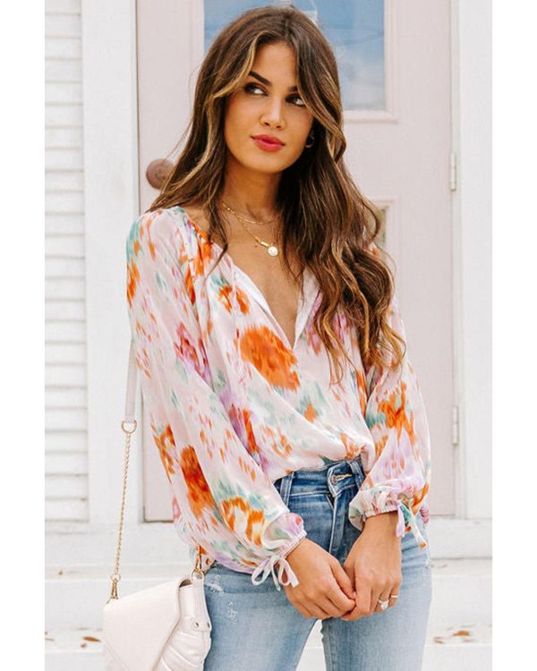 Azura Exchange Abstract Print Split Neck Puff Sleeve Blouse – L