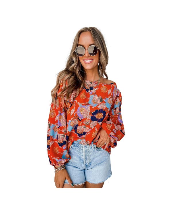 Azura Exchange Floral Print Ruffle Puff Sleeve Blouse – L