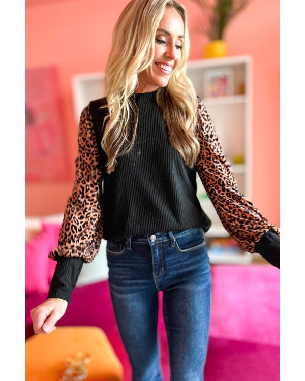 Azura Exchange Leopard Print Long Sleeve Ribbed Knit Blouse – L