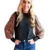 Azura Exchange Leopard Print Long Sleeve Ribbed Knit Blouse – L