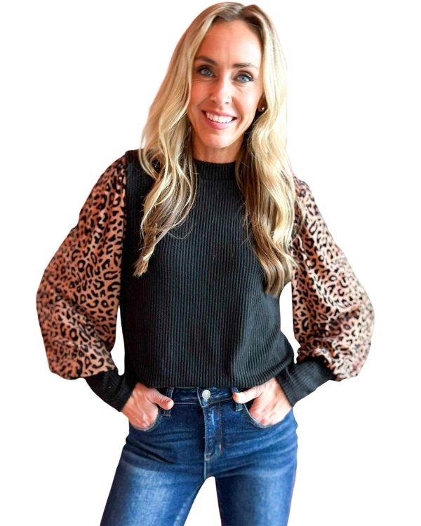 Azura Exchange Leopard Print Long Sleeve Ribbed Knit Blouse – L