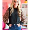 Azura Exchange Leopard Print Long Sleeve Ribbed Knit Blouse – L