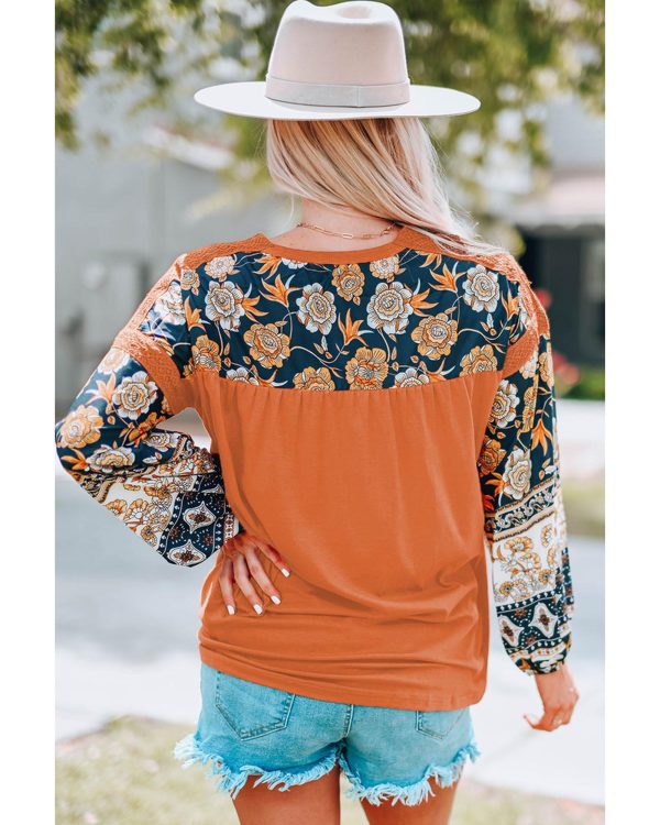 Azura Exchange Floral Print Balloon Sleeve Top with Lace Details – L