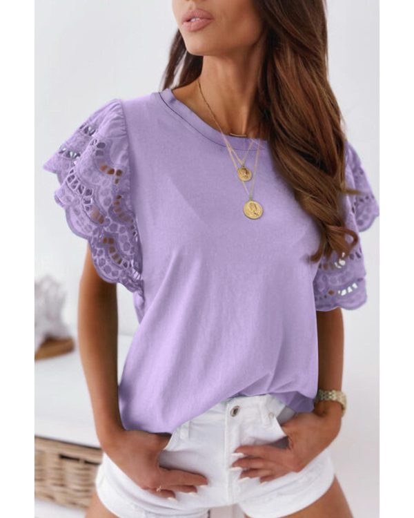 Azura Exchange Hollow Out Ruffle Sleeve T-shirt – L