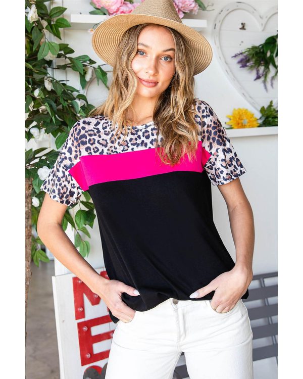 Azura Exchange Leopard Colorblock Splicing T-shirt – L