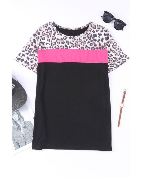 Azura Exchange Leopard Colorblock Splicing T-shirt – L