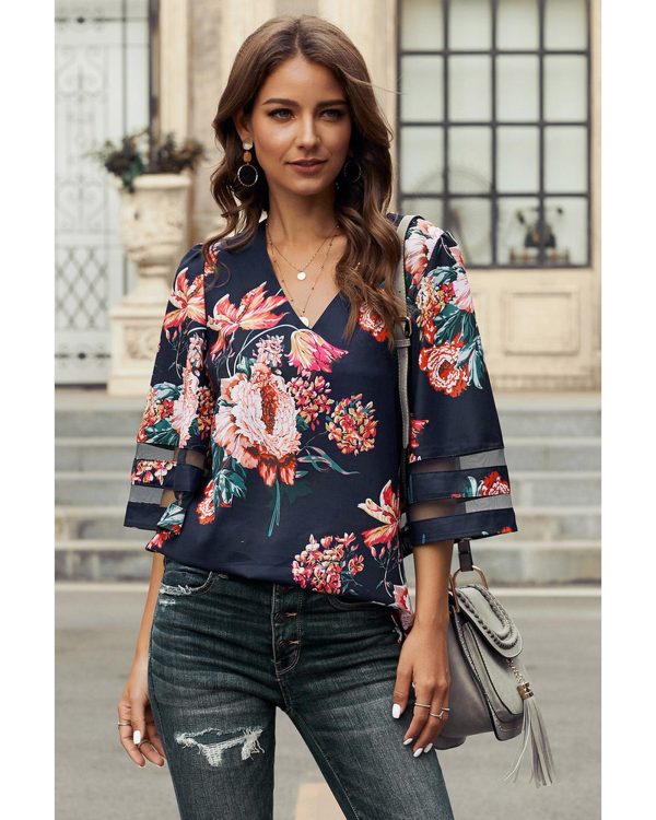 Azura Exchange Flared Sleeve Floral Blouse – L