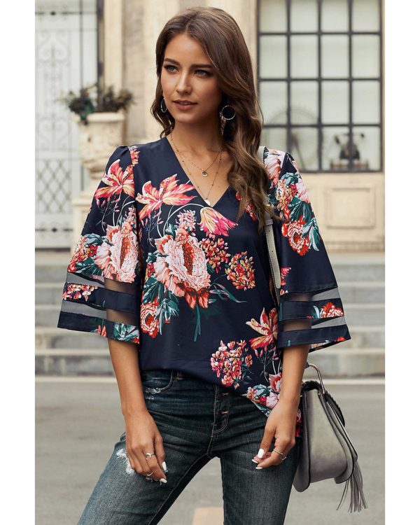 Azura Exchange Flared Sleeve Floral Blouse – L