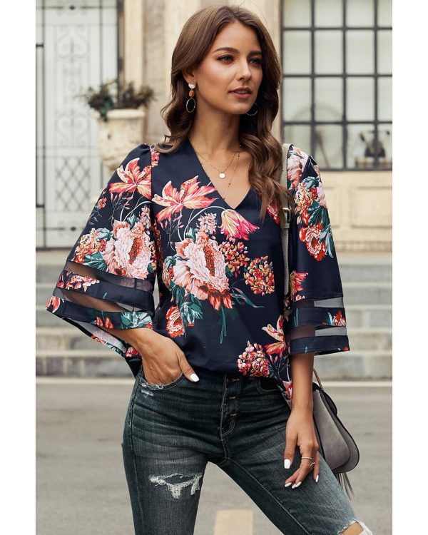 Azura Exchange Flared Sleeve Floral Blouse – L