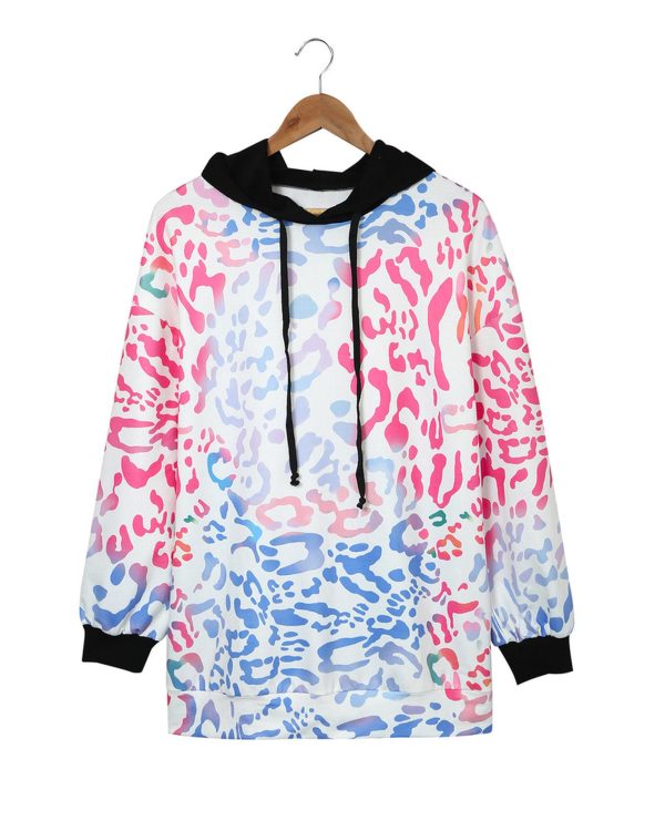 Azura Exchange Leopard Drawstring Hoodie with Colorful Splicing – L