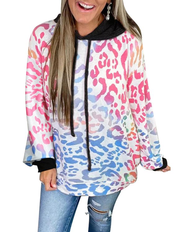 Azura Exchange Leopard Drawstring Hoodie with Colorful Splicing – L