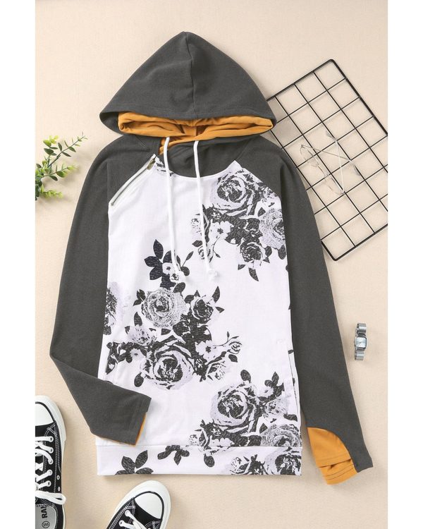 Azura Exchange Raglan Sleeves Double Hood Sweatshirt with Floral Pattern – M