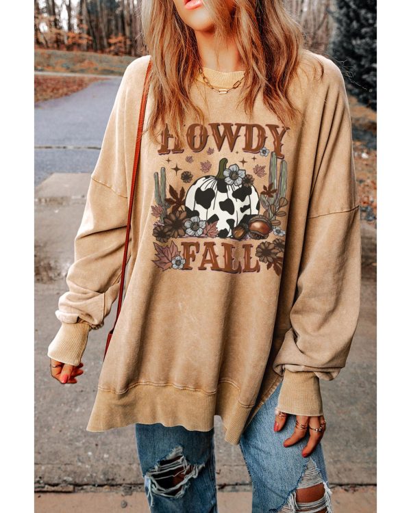 Azura Exchange Howdy Fall Pumpkin Print Split Hem Sweatshirt – L