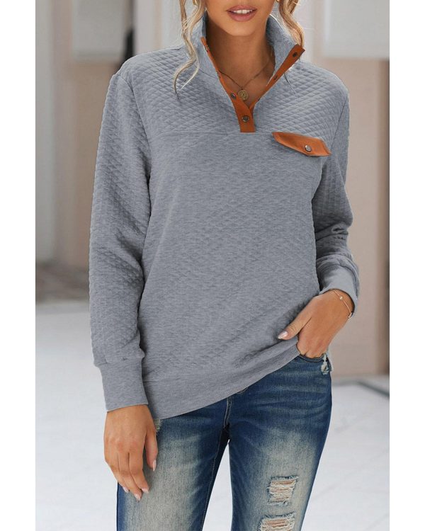 Azura Exchange Quilted Stand Neck Pullover Sweatshirt with Fake Front Pocket – M