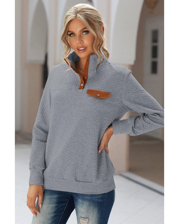 Azura Exchange Quilted Stand Neck Pullover Sweatshirt with Fake Front Pocket – M