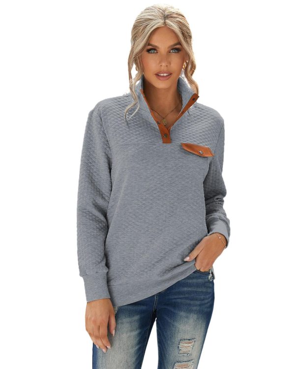 Azura Exchange Quilted Stand Neck Pullover Sweatshirt with Fake Front Pocket – M