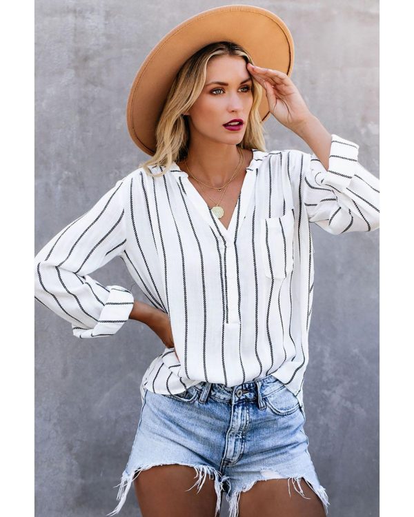 Azura Exchange Striped V Neck Pocket Long Sleeve Top – 2XL