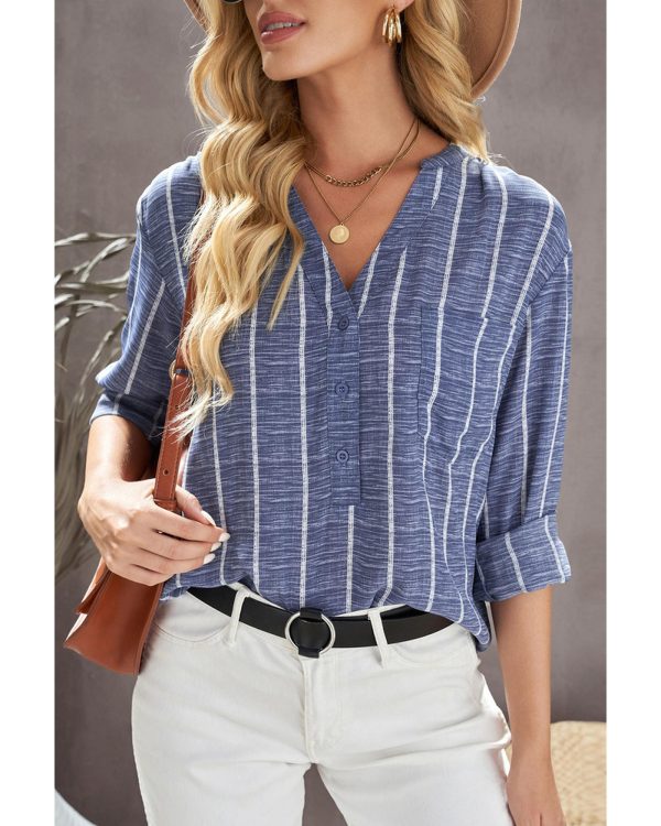 Azura Exchange Striped V Neck Pocket Long Sleeve Top – 2XL