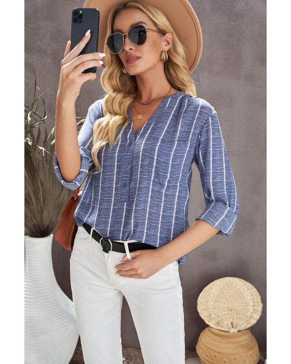 Azura Exchange Striped V Neck Pocket Long Sleeve Top – 2XL