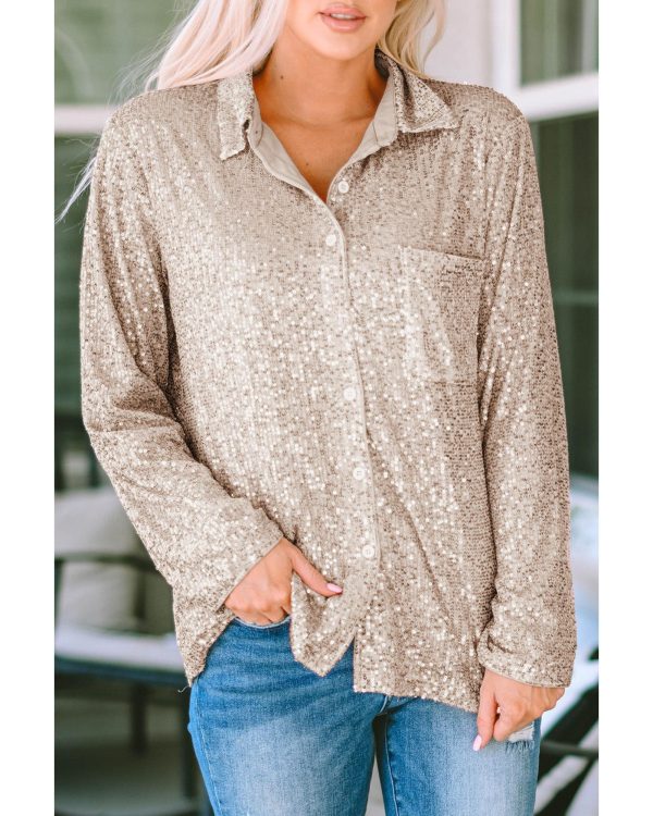 Azura Exchange Sequin Collared Bust Pocket Buttoned Shirt – L