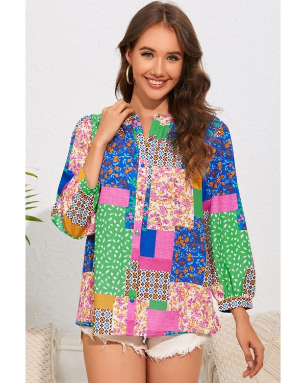 Azura Exchange Floral Patchwork Print Puff Sleeve Shirt – L