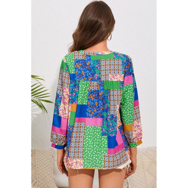 Azura Exchange Floral Patchwork Print Puff Sleeve Shirt – L