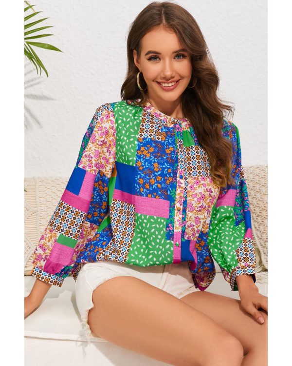 Azura Exchange Floral Patchwork Print Puff Sleeve Shirt – L