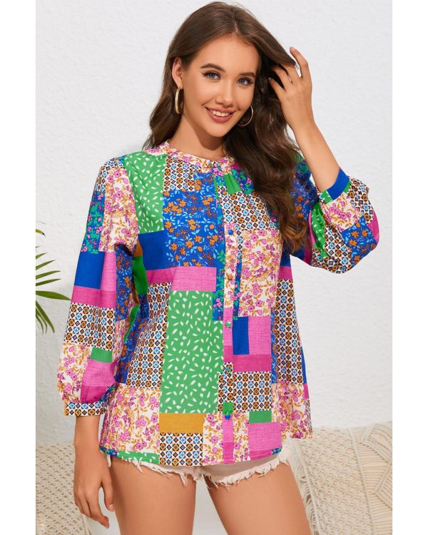 Azura Exchange Floral Patchwork Print Puff Sleeve Shirt – L