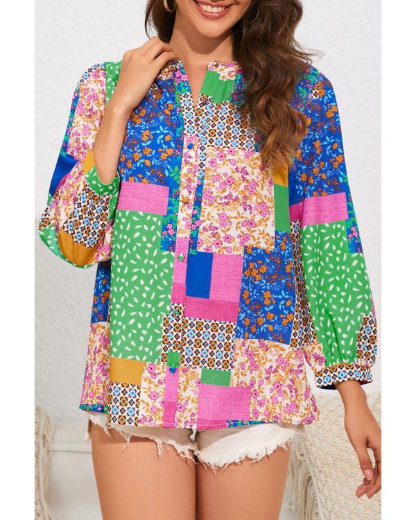 Azura Exchange Floral Patchwork Print Puff Sleeve Shirt – L