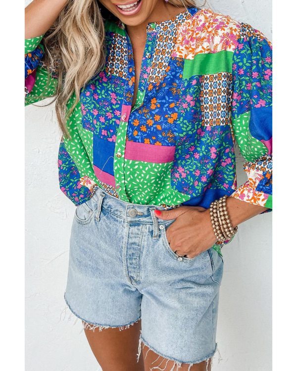 Azura Exchange Floral Patchwork Print Puff Sleeve Shirt – L