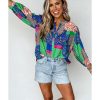 Azura Exchange Floral Patchwork Print Puff Sleeve Shirt – L