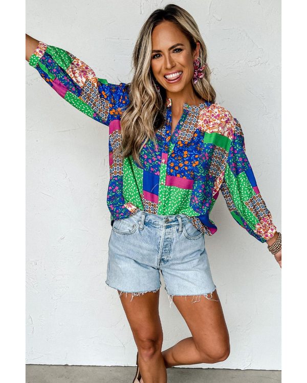 Azura Exchange Floral Patchwork Print Puff Sleeve Shirt – L